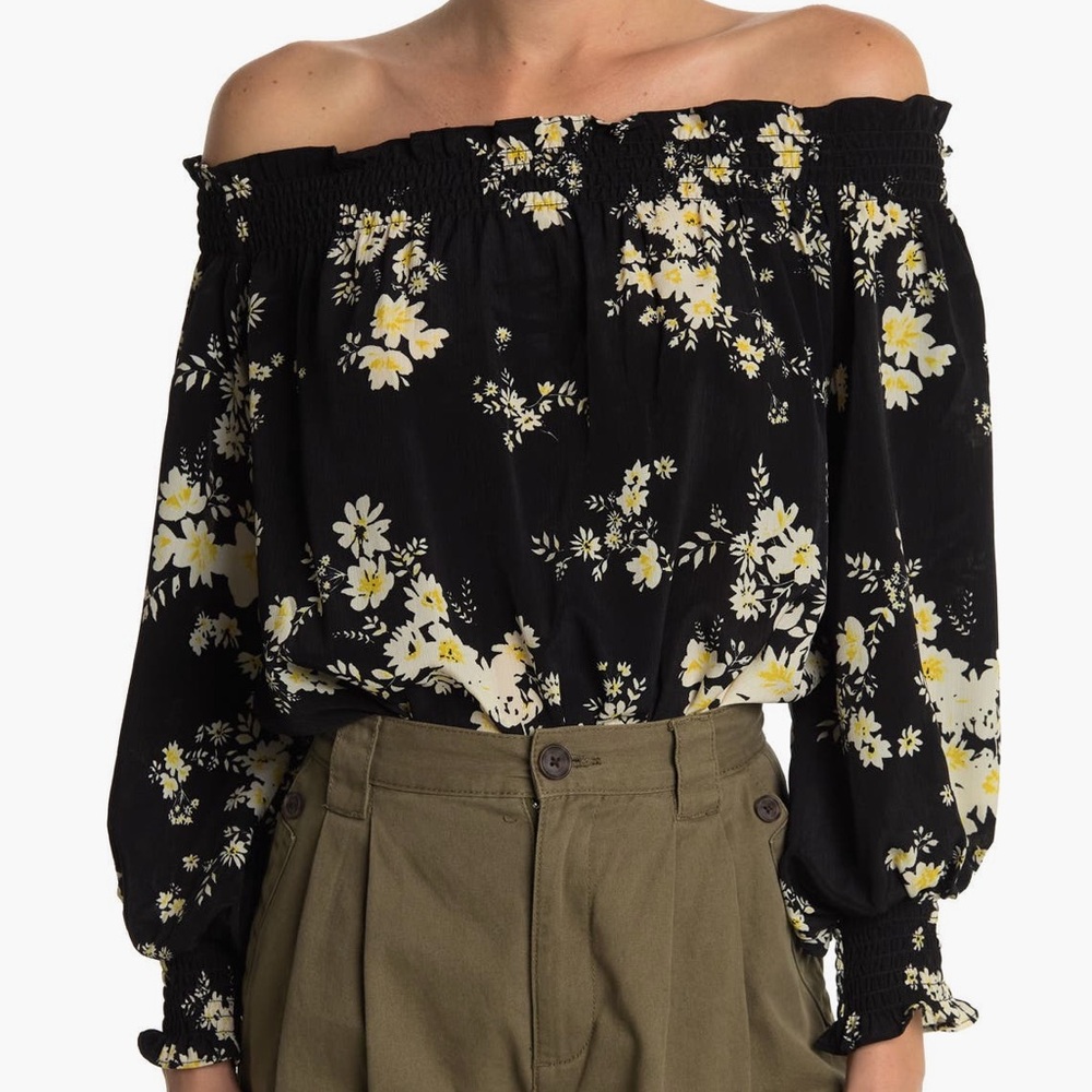 Wayf Black Floral Off The Shoulder Bodysuit, XS